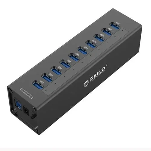 Hub USB 3.0 Orico A3H10 de 10 Puertos de Aluminio con Adaptador de Corriente para Computadoras Portátiles (Negro)