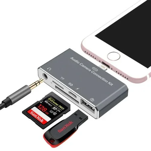 Hub USB 5 en 1 D-198 8 Pines a USB-C + Auricular 3,5mm + Lector SD y TF para MacBook y PC