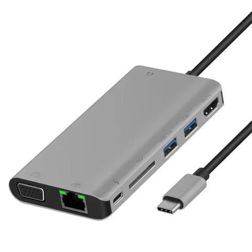 Hub USB-C 8 en 1 Onten 9591Bd con Carga PD, Puerto Ethernet 100M, Dual USB 3.0, HDMI, Tarjeta SD y Aux 3,5mm (Gris)