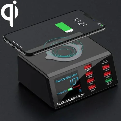 Hub USB X9 9 en 1 Qc 3.0 con 6 Puertos USB y Cargador Inalámbrico Qi (Negro)
