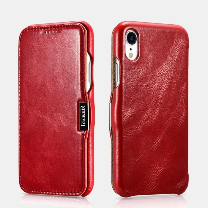 Icarer iphone xr case vintage series side-open(metal clip in the front) red