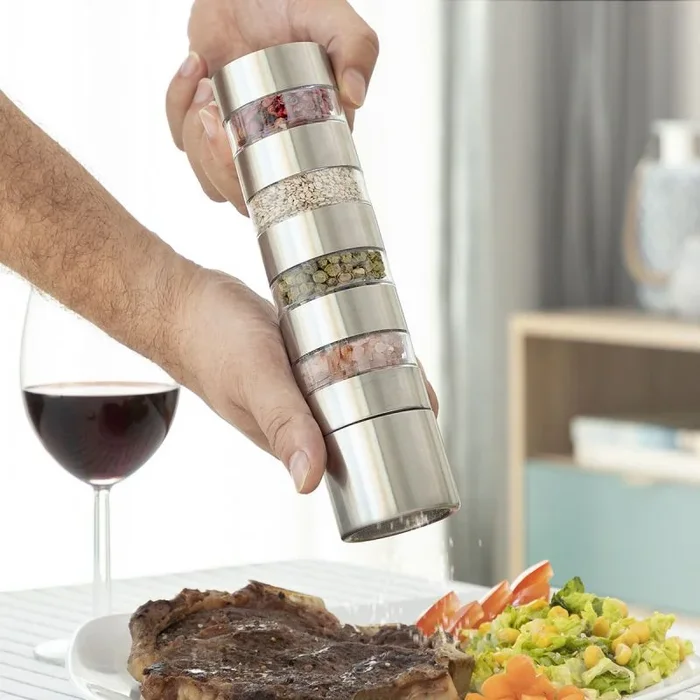 InnovaGoods® Molinillo de especias 4en1, saleros de cocina con estilo exclusivo y elegante, molinillo pimienta con rueda moledora de cerámica, grosor del molido regulable, fácil de montar y desmontar