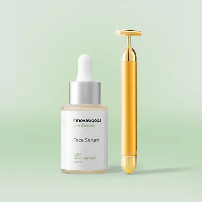 InnovaGoods® Set de cuidado facial con CBD, x1 sérum facial nutre, calma, reduce arrugas, x1 masajeador facial reduce líneas de expresión, Potencia los efectos de las cremas y serums. Pieles sensibles