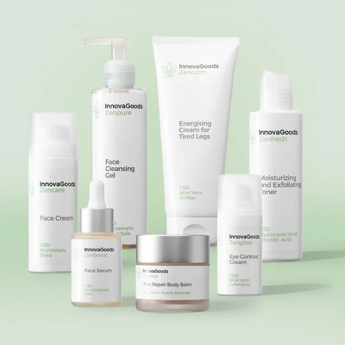 InnovaGoods® Set de rutina facial y corporal con CBD, Set de cuidado para la piel con Ingredientes naturales, pack de 7 piezas ideal, hidrata e ilumina tu piel, apto para pieles sensibles
