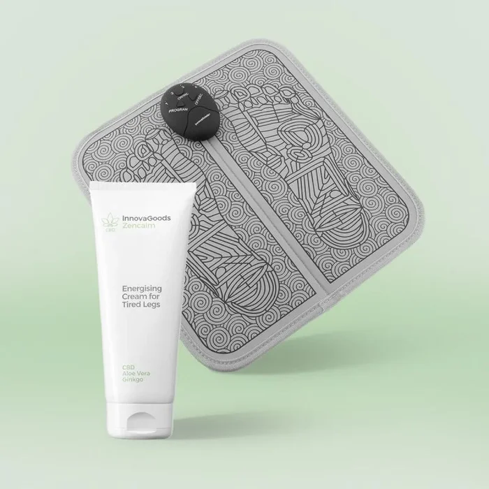 InnovaGoods® Set tratamiento para piernas cansadas con CBD, x1 Masajeador Electroestimulador de Pies y Piernas, x1 Crema para Piernas Cansadas Energizante, Hidrata, tonifica y alivia. Pieles sensibles
