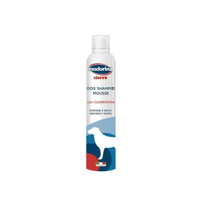 Inodorina Champú para Perros en Seco de Clorhexidina 300ml. Champú en Seco Clorex para Mascotas y Cachorros Espumoso sin Sulfatos, Silicona, ni Parabenos para la Piel Sensible y Pelaje, Azul