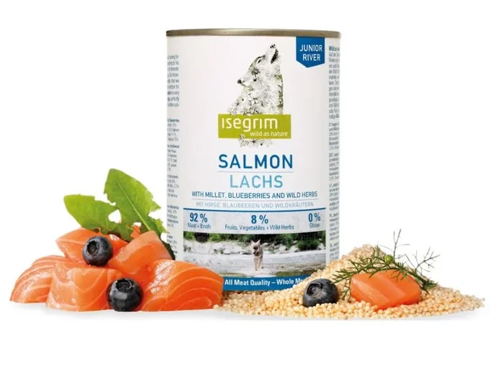 ISEGRIM Lata Perro Junior Salmón + Mijo, Bayas y Hierbas Silvestres, 400 g, Perro