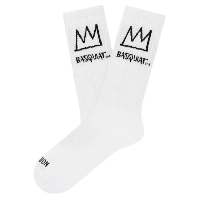 Jimmy Lion Calcetines Athletic color Blanco con estampados de Basquiat Crown, fabricados en algodón peinado de primera calidad. Talla 41-46 en media caña. ¡Camina con estilo!