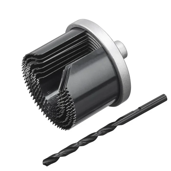 Juego de 7 sierras de corona IRWIN para madera y yeso, 26-64 mm, profundidad de corte de 42 mm, incluye adaptador de aluminio y broca central, compatible con taladros comunes.