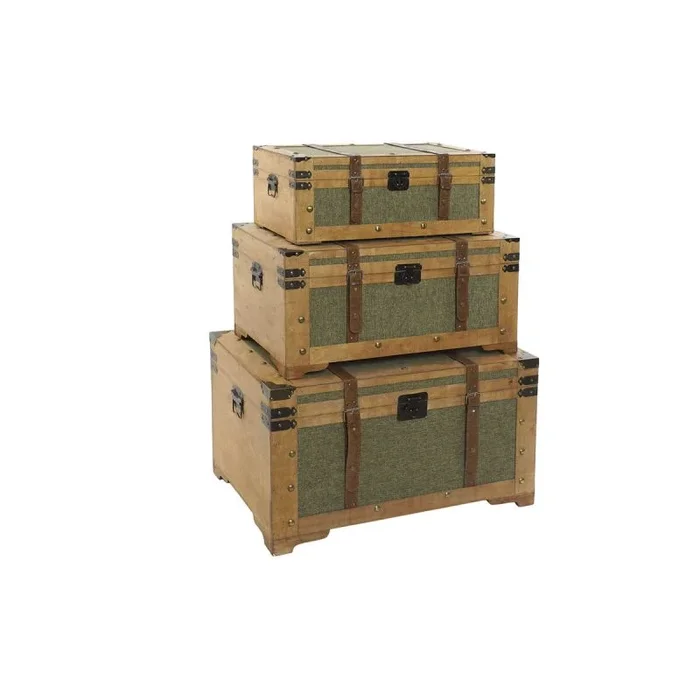 Juego de baúles home esprit verde madera lienzo tropical 81 x 50 x 45 cm (3 unidades)