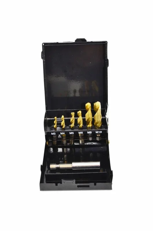 Juego de Brocas para Roscar Awtools, Modelo M3-M10, 7 Piezas, Ideal para Roscado Preciso en Metales, Acero HSS de Alta Calidad, Color Amarillo, Duradero y Eficiente