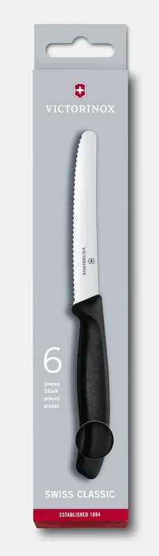 Juego de cuchillos de mesa Victorinox Swiss Classic, modelo de filo ondulado, ideal para frutas, verduras y carnes, mango ergonómico, apto para lavavajillas, 6 piezas, negro.