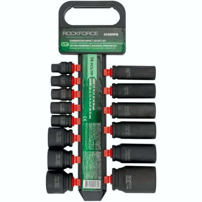 Juego de llaves de impacto largas ROCKFORCE NASADKI UDAROWE, herramientas mecánicas profesionales, medidas 10-36 mm, acero resistente, uso industrial, color negro