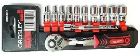 Juego de llaves Grosley, modelo de 12 piezas de 1/2″, ideal para mecánica general, incluye vasos resistentes y mango ergonómico para uso intensivo