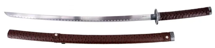 Katana S6044R de curpiel marrón con decoración de 101 cm hoja de acero, mango con encordado de curpiel marrón, con soporte.