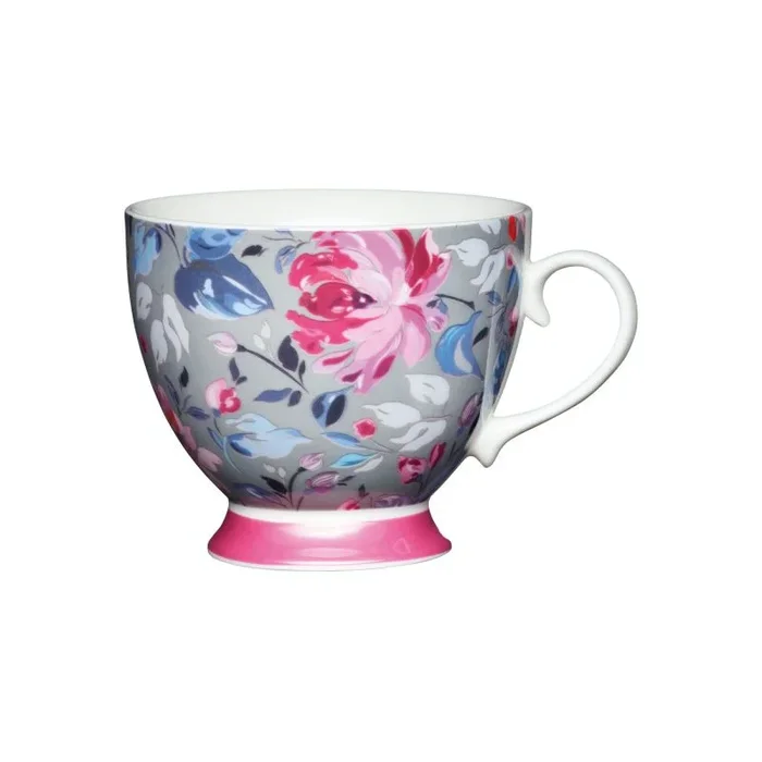 Kitchencraft grande Floral ‘Footed flower-patterned tazas, 400 ml-grey/rosa (Juego de 4), Bone China, gris/rosa, 13 x 10,5 x 9,5 cm