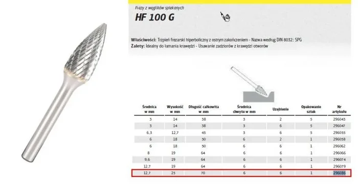 Klingspor 296086 Fresas de Metal Duro, HF 100 G, Dentado 6, 6 mm Diámetro del Vástago, 12.7 x 25 x 70 mm