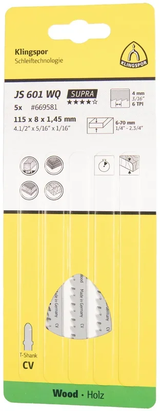 Klingspor JS 601 WQ 669581 – Hojas de sierra de calar (100 x 8 x 1,45 mm, longitud útil 95 cromo-vanadio, afiladas, cónicas, 6 dientes por pulgada)