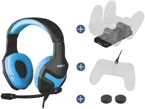 Konix Mythics Pack de Accesorios Gaming PS4 – Auriculares PS-400 – Estación de Carga Doble – Cable de Carga USB de 3 m – Tapas para los Pulgares