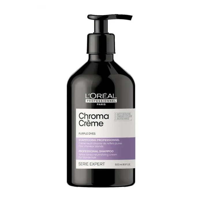 L’Oréal Professionnel, Champú neutralizante de tonos amarillos, Para rubios y platinos perfectos, Textura cremosa con pigmentos morados, Chroma Crème, SERIE EXPERT, 500 ml