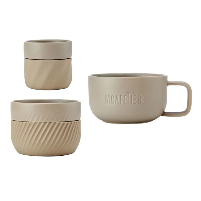 La Cafetière Juego de regalo de 3 tazas para la familia de amantes del café, con 38 ml, 2 ml y 1 ml Tazas apilables con fundas de silicona para un fácil agarre, Almendra