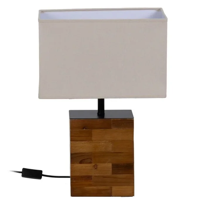 Lámpara de mesa cubo con pantalla de tela de madera marrón y beige de 35x18x51 cm