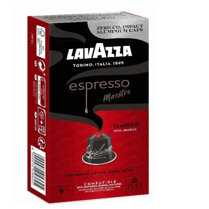 Lavazza, Espresso Maestro Classico, 10 Cápsulas de Café Compatibles con las Máquinas Nespresso* Original, con Notas Aromáticas de Cereales y Galletas, 100% Arábica, Intensidad 9, Tueste Medio-Oscuro