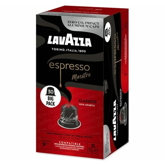 Lavazza, Espresso Maestro Classico, 30 Cápsulas de Café Compatibles con las Máquinas Nespresso* Original, con Notas Aromáticas de Cereales y Galletas, 100% Arábica, Intensidad 9, Tueste Medio-Oscuro