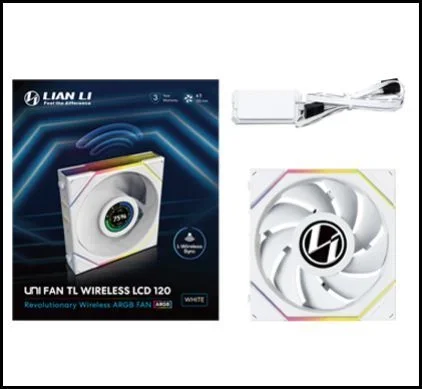Lian Li UNI Fan TL – Ventilador inalámbrico para PC LCD de 120 mm RGB, color blanco, ventilador PWM, 26 ledes ARGB, hasta 1900 rpm, sistema de ranuras, alto flujo de aire, baja vibración, silencioso