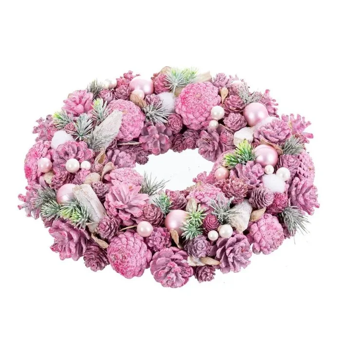 LOLAhome Corona de Navidad de piñas Naturales con Acebo Rosa de 34 cm