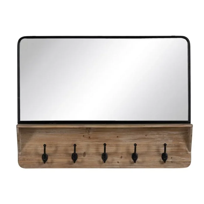 LOLAhome Espejo Perchero con 5 colgadores Negro y Natural de Madera y Cristal de 90x13x66 cm
