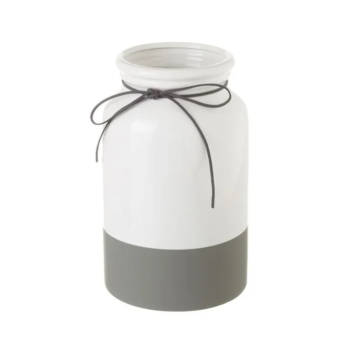 LOLAhome Jarrón florero de cerámica Blanco y Gris de Ø 15×25 cm