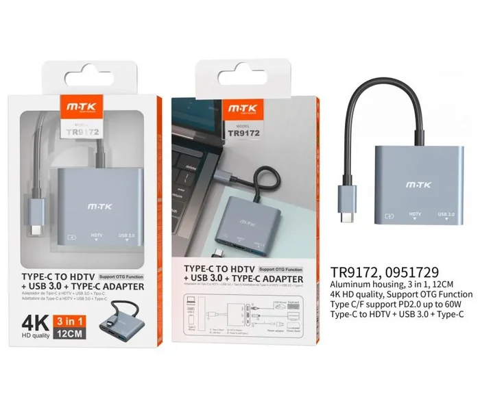 M-tk tr9172 gris / adaptador usb-c (m) a usb-c + hdmi + usb-a (h) 12cm