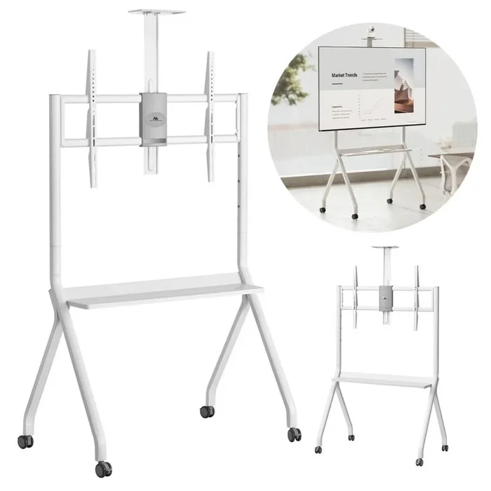 Maclean MC-114 W Soporte de TV móvil de 55 a 100 Pulgadas, Acero Recubierto de Polvo, VESA hasta 900 x 600, Capacidad de Carga de 120 kg, Altura Ajustable, Ruedas con Bloqueo, estantes para cámara y