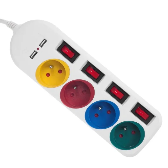 Maclean mce229 w alargador regleta con enchufes cable de prolongación de 4 tomas + 2xusb con interruptores, 250vac/10a, 2,1a 5v, 1,5m, blanco