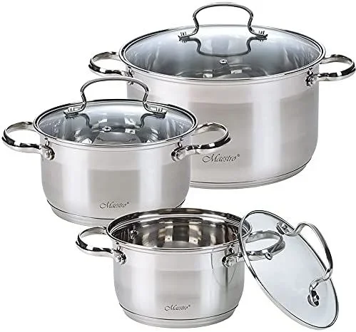 Maestro MR-3520-6M Batería de Cocina Acero Inoxidable, 6 Piezas, Inducción, 3 Cacerolas, 3 Tapas de Cristal, Apta Para Todo Tipo de Cocinas, Apta Lavavajillas