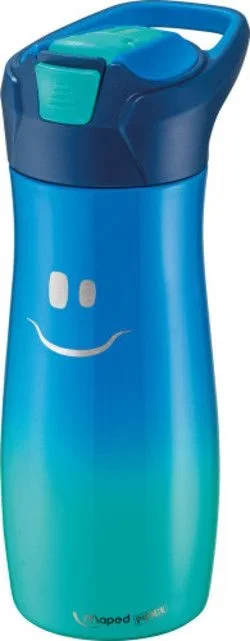 Maped Botella de Agua Infantil 430ml, Acero Inoxidable Reutilizable, Antiderrames con Pajita, Fácil de Abrir y Limpiar, Diseño Ergonómico, Para Escuela y Viajes, Azul