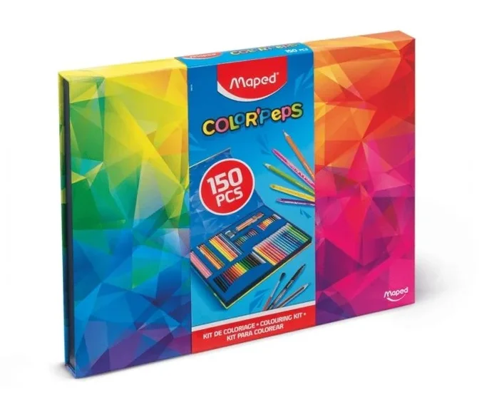 Maped color`peps pack de 150 piezas para colorear con rotuladores, lapices de colores fuertes, infinity, aqua, pastel y duo world, ceras, rotulador con purpurina, lapiz grafito, pincel, goma y sacapuntas