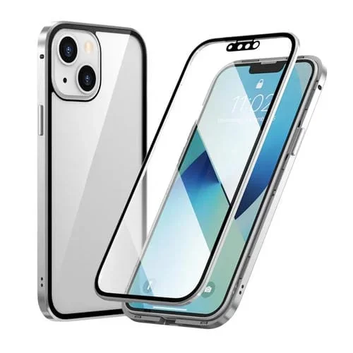 Marco de Metal Magnético Funda Vidrio Templado Doble Cara iPhone 13 Mini (Plata)
