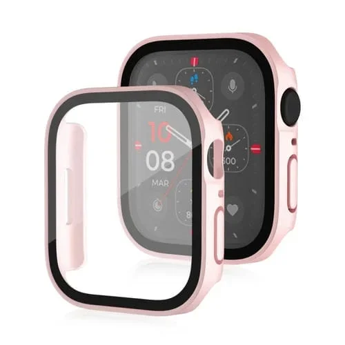 Marco de PC 2 En 1 Esmerilado a Prueba de Agua Life + Estuche Protector Vidrio Templado para Apple Watch Series 6/5/4/SE 44mm (Oro Rosa)