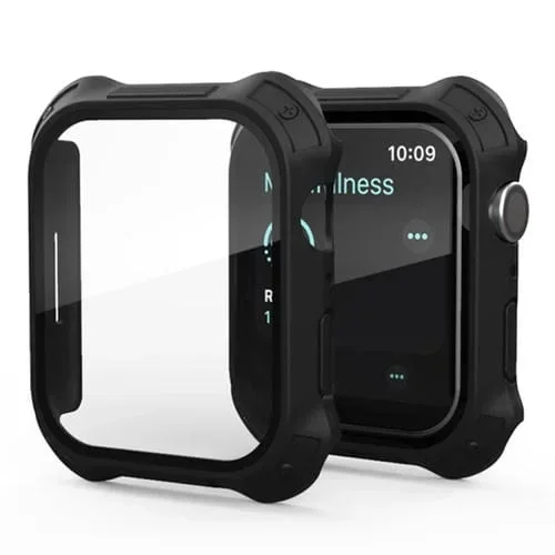 Marco de PC Esmerilado 2 en 1 y Funda Protectora Vidrio Templado para Apple Watch Series 8/7 45mm (Negro)