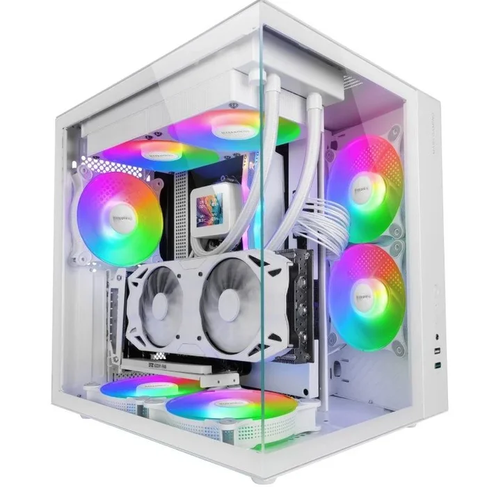 Mars Gaming MCV-One, Caja Gaming ATX, Doble Cristal Templado Continuo, Ventilador Trasero FRGB 12cm, Estructura Doble Cámara, Semitorre PC Compacta, Soporte Refrigeración Líquida hasta 240mm, Blanco