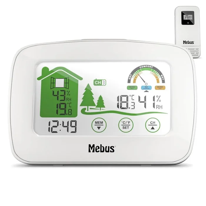 MEBUS funkgesteuerte Wetterstation mit Außensensor, Thermometer/Hygrometer (innen/außen), Wohlfühlindikator bewertet Raumklima, Min-/Max-Funktion, Beleuchtung, Wecker, Farbe: Weiß, Modell: 40903