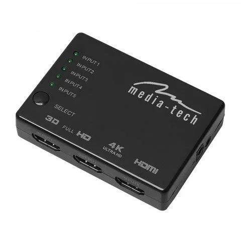 Media-Tech MT5207 – Conmutador HDMI 4K, FAERSI, 5 Puertos, Compatible con 4K 2160P 3D con Mando a Distancia por Infrarrojos, 5 entradas, 1 Salida