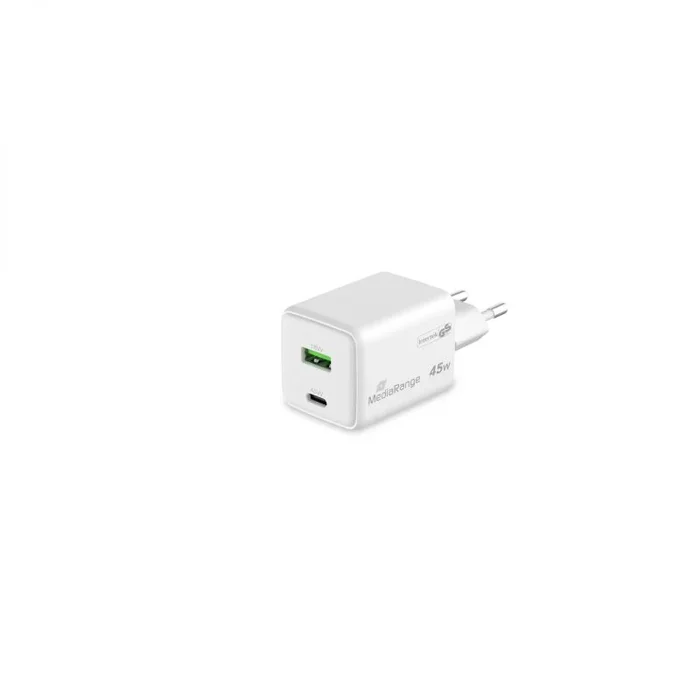 MediaRange Adaptador de Carga rápida GAN de 45 W (Enchufe Europeo), 1 USB-C y 1 USB-A, soporta USB-C® Power Delivery y Quick Charge™, Color Blanco