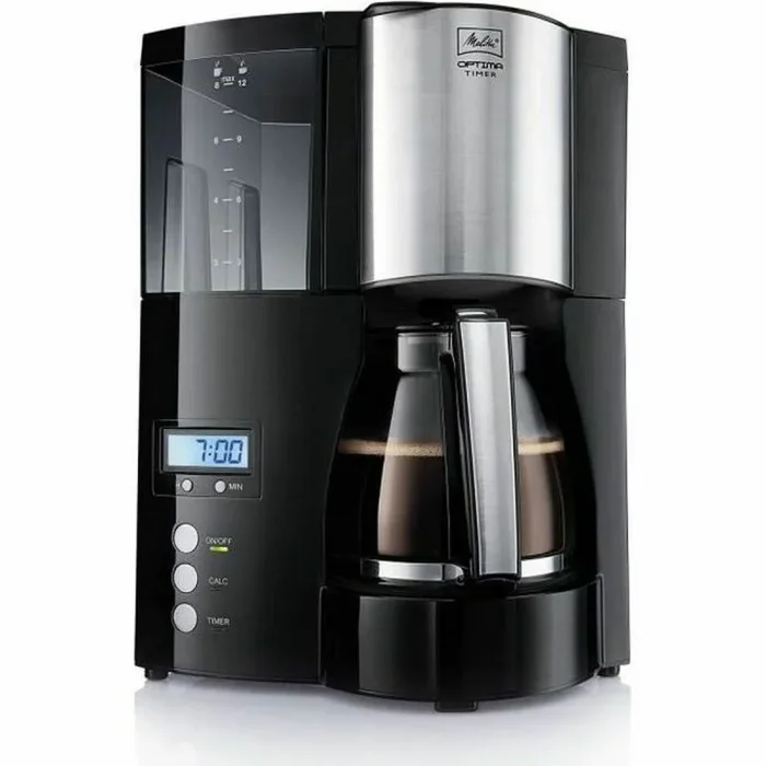 Melitta Cafetera de filtro con jarra de vidrio, Función temporizador y conservación de temperatura, Optima Timer, 1.2 Litros, Negro, 100801