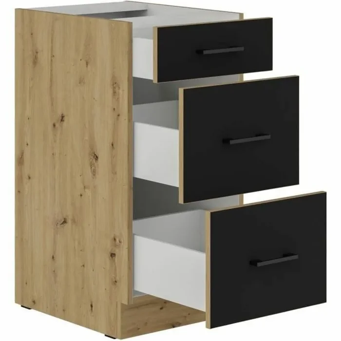 Meuble bas casserolier – 40 cm – 3 tiroirs – Chene artisan et noir mat – CUISINIER