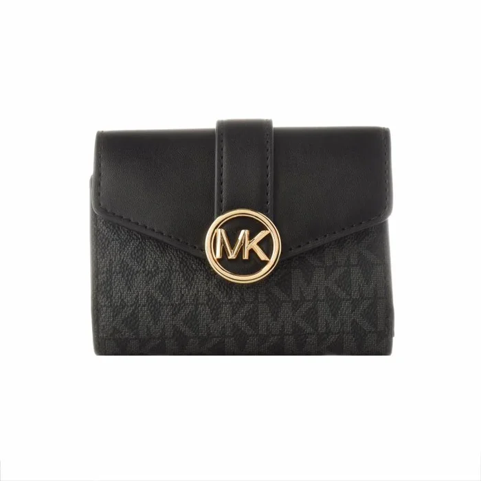 Michael Kors Carmen – Cartera de tres pliegues para mujer con solapa y estampado MK, Black, Talla única, Moderno