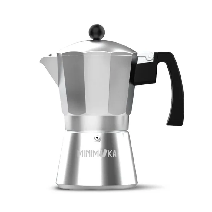 Minimoka 6 – Cafetera italiana, 6 tazas, base y filtro de acero inoxidable, mango ergonómico, válvula de seguridad, cierre de silicona para mayor seguridad, apta para: vitro, eléctrica y gas