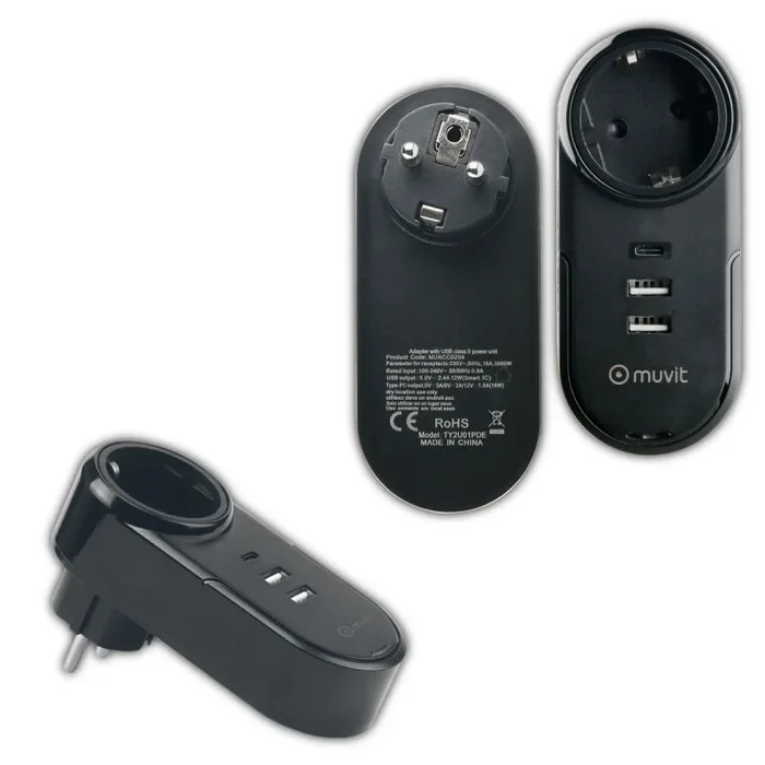 Muvit cargador de pared 2 usb 2.4a 12w+1 tipo c pd 18w+eu plug carga inteligente negro